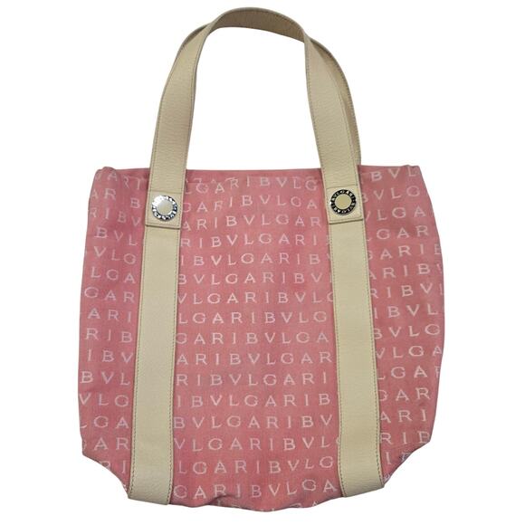 BVLGARI Maerea Logo Mania Canvas Leather Mini Tote Bag Purse Pink Cream Preppy - Picture 1 of 11